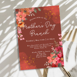 Convite Terracota Floral Dourado Pêssego Brunch do Dia das