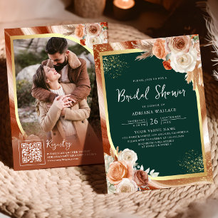 Convite Terracota Floral Esmeralda Código QR Chá de Noiva