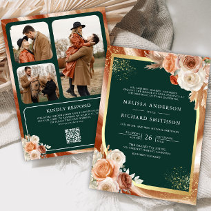 Convite Terracota Floral Esmeralda Código QR Foto Casament