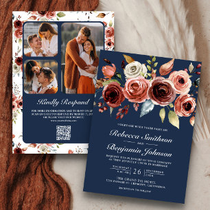 Convite Terracota Floral Naval Código QR Aquarela Casament