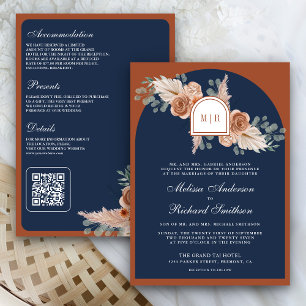 Convite Terracota Floral Pampas Azul Marinho Código QR Cas