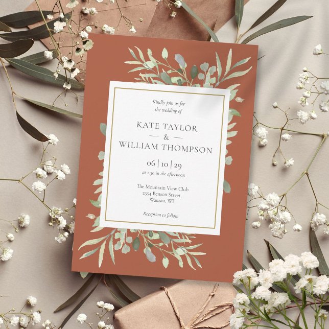 Convite Terracota Folhagem Verdejante Casamento Dourado (Terracotta Greenery Foliage Gold Wedding Invitation)