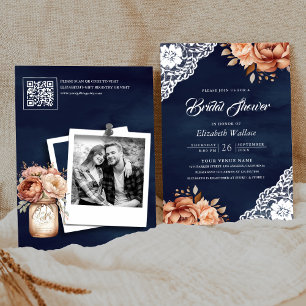 Convite Terracota Naval Código QR Fotográfico Floral Chá d