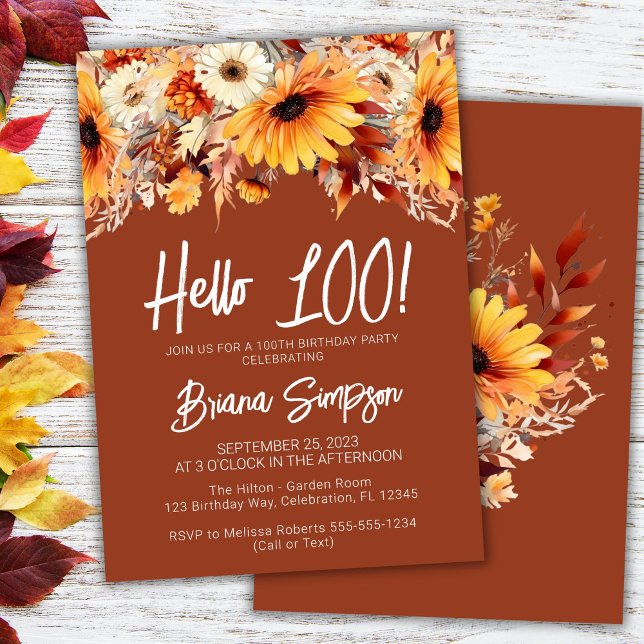 Convite Terracotta 100th Birthday Fall Floral (Criador carregado)