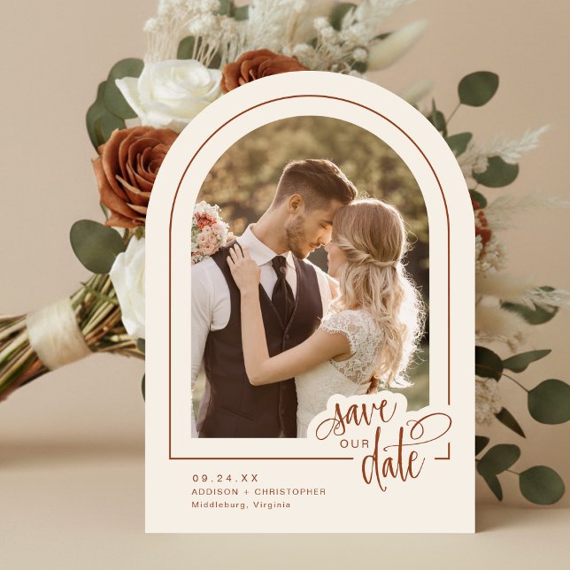 Convite Terracotta 5 Foto de Casamento Salve a Data (Shown on a 5" x 7" invitation with Arch Corner Style)