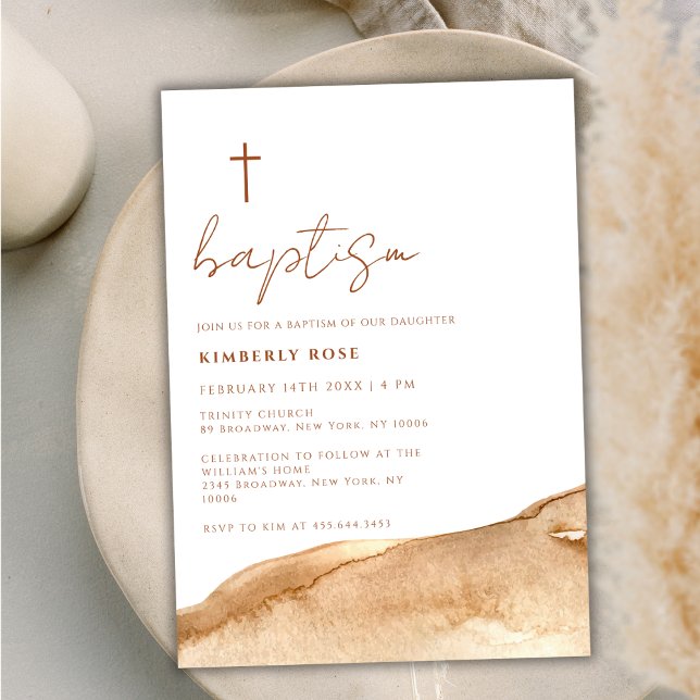Convite Terracotta Abstrato Cross Baptism Neutro Elegante (Elegant Neutral Terracotta Abstract Cross Baptism Invitation)