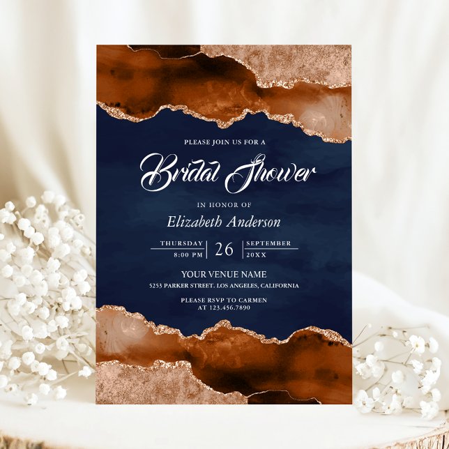 Convite Terracotta Agate Marble Navy Blue Bridal Shower (Criador carregado)