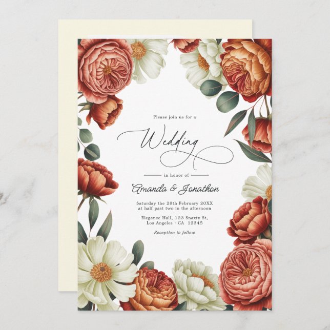 Convite Terracotta and Cream Watercolor Floral Wedding (Frente/Verso)