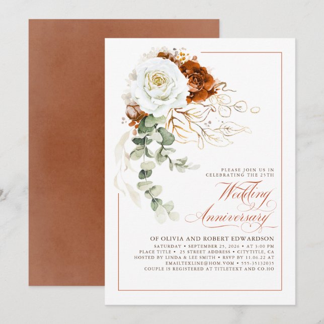 Convite Terracotta and White Floral Wedding Anniversary (Frente/Verso)