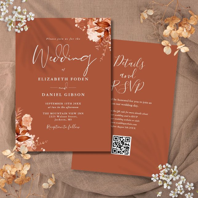 Convite Terracotta Autumn Fall Floral Código QR Casamento (Terracotta Autumn Fall Floral QR Code Wedding Invitation)