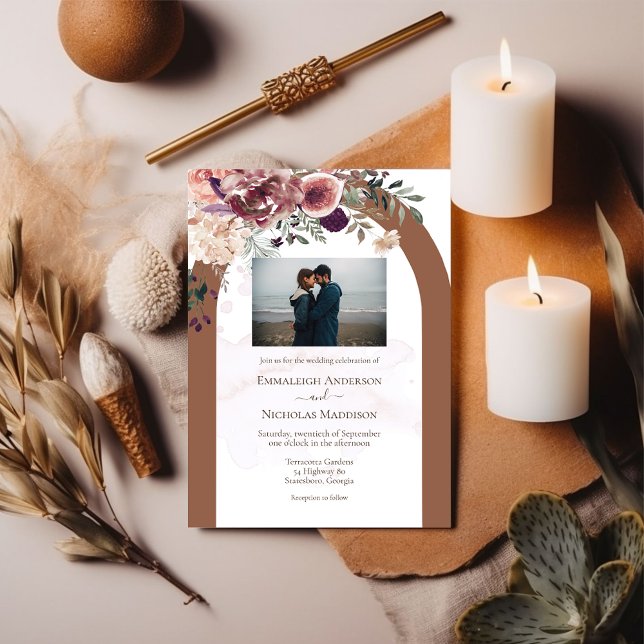 Convite Terracotta Autumn Floral com Photo Wedding (Criador carregado)