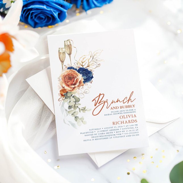 Convite Terracotta & Blue Brunch e Chá de panela de espuma (Navy Blue and Terracotta Bridal Shower Invitations)