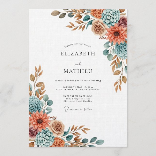 Convite Terracotta Blue Painterly Flora Wedding (Frente)