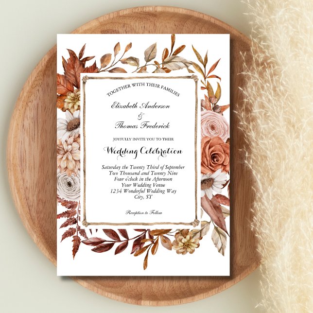 Convite Terracotta Blush Boho Casamento Botânico Floral (Terracotta Blush Cream Boho Botanical Fall Autumn Wedding Invitation)