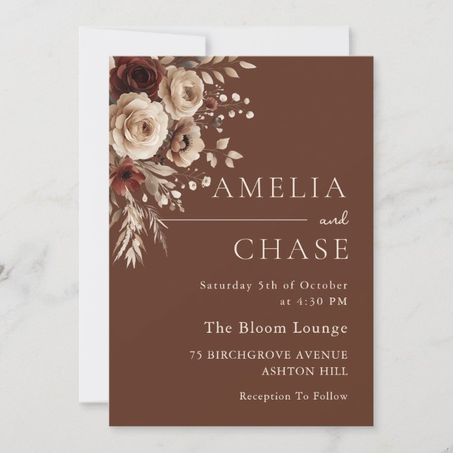 Convite Terracotta Bohemian Vintage Casamento Floral (Frente)