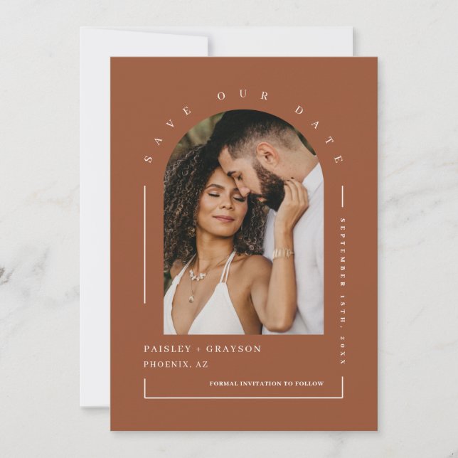 Convite Terracotta Boho Arch Foto QR Código Salvar Nossa D (Frente)