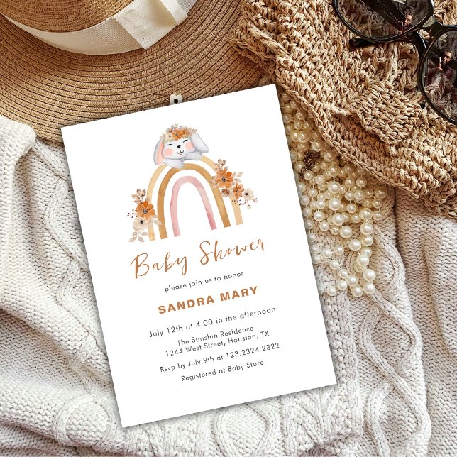 Convite Terracotta Boho Bunny Rainbow Chá de fraldas Flora (Terracotta Boho Bunny Rainbow Floral Baby Shower Invitation)