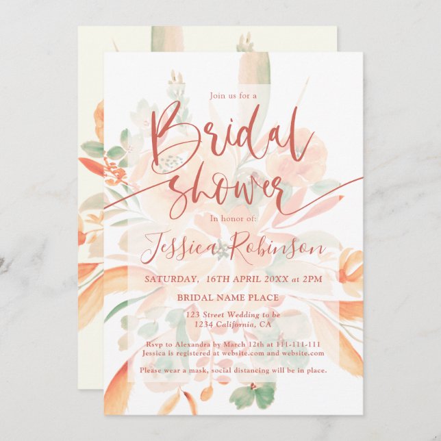 Convite Terracotta boho floral chá de panela de aquarelas  (Frente/Verso)