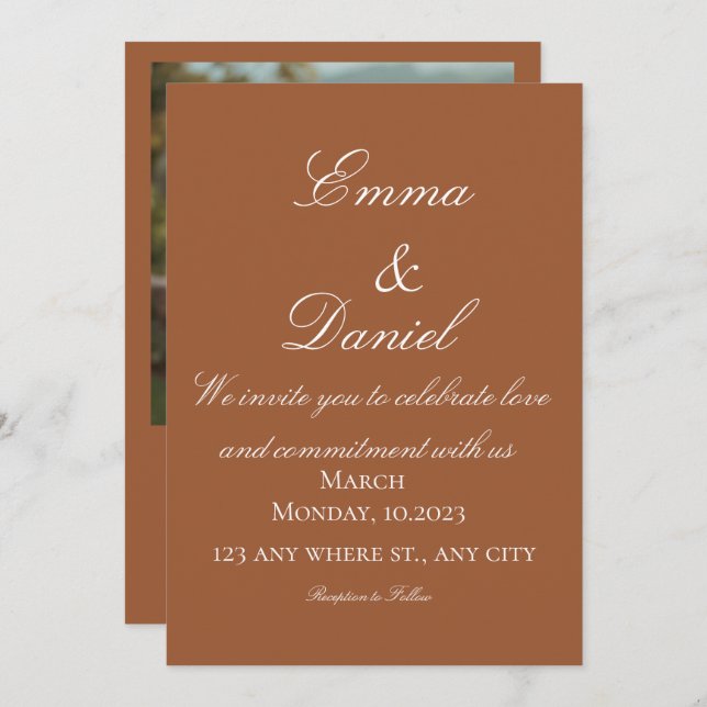 Convite Terracotta Boho Minimal Photo Wedding Invitation (Frente/Verso)