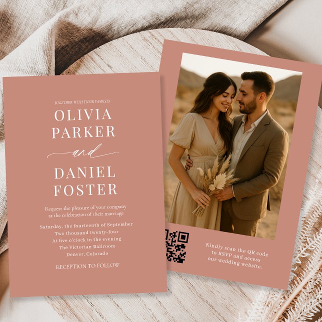 Convite Terracotta Boho QR Código Foto Elegante Casamento (Criador carregado)
