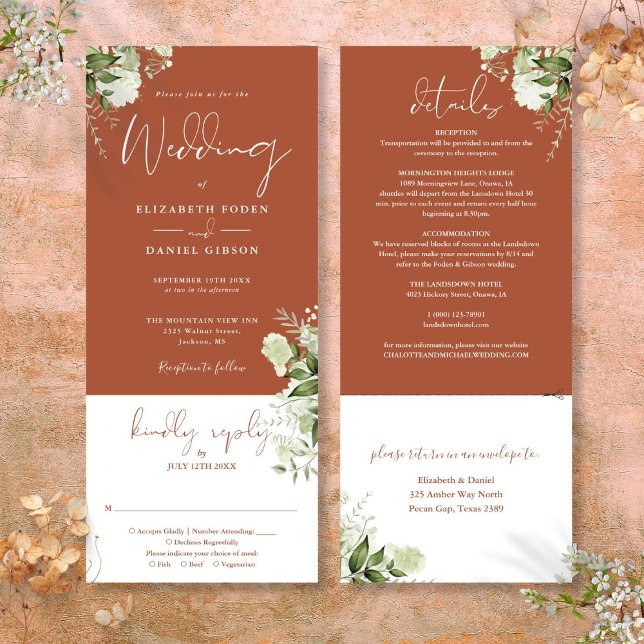 Convite Terracotta Botanical Greenerescer Tudo Em Um Casam (Terracotta Botanical Greenery All In One Wedding Invitation)