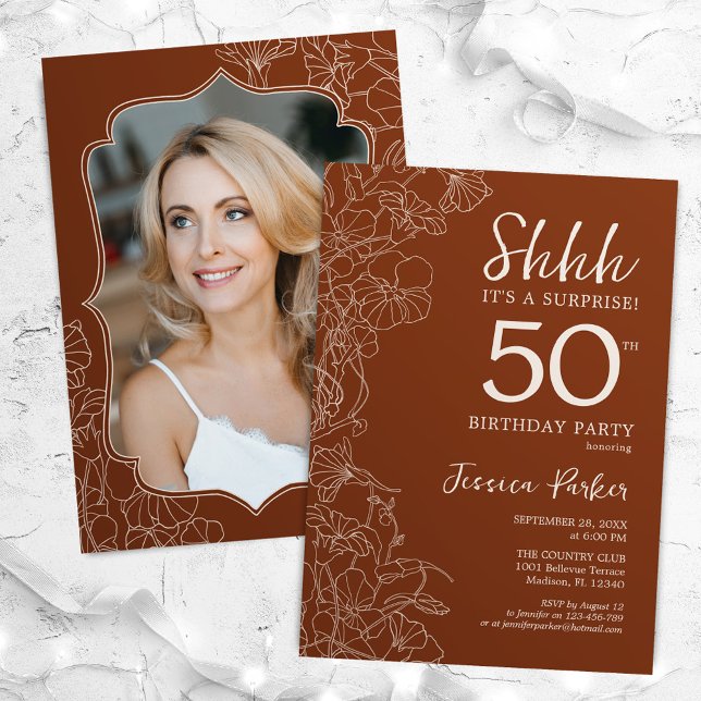 Convite Terracotta Botanical Photo Surprise 50th Birthday (Criador carregado)