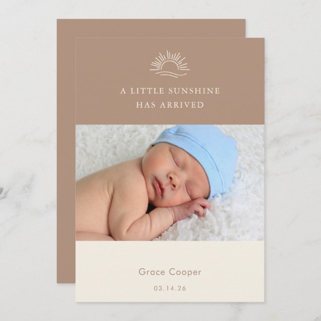 Convite Terracotta Brown Boho Photo Baby Announcement Card (Frente/Verso)