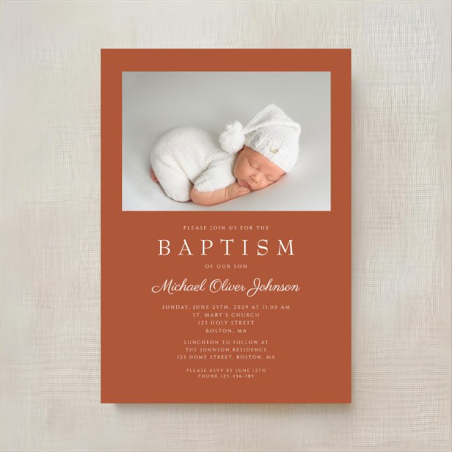 Convite Terracotta Brown Modern Photo Baptism (Terracotta Brown Modern Photo Baptism Invitation)