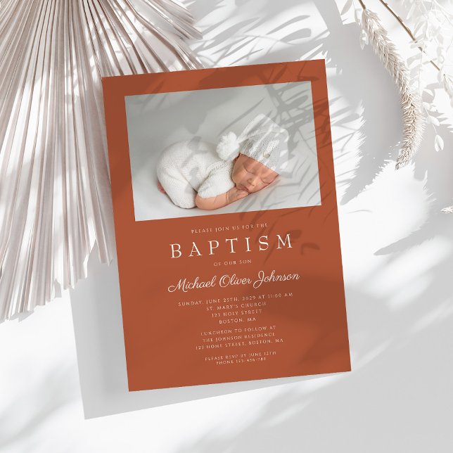 Convite Terracotta Brown Modern Photo Baptism (Terracotta Brown Modern Photo Baptism Invitation)