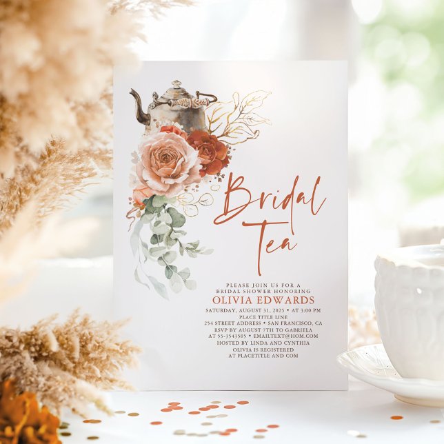 Convite Terracotta Burnt Orange Chá de panela Tea Party (Bridal Tea Terracotta Boho Bridal Shower Invitations)
