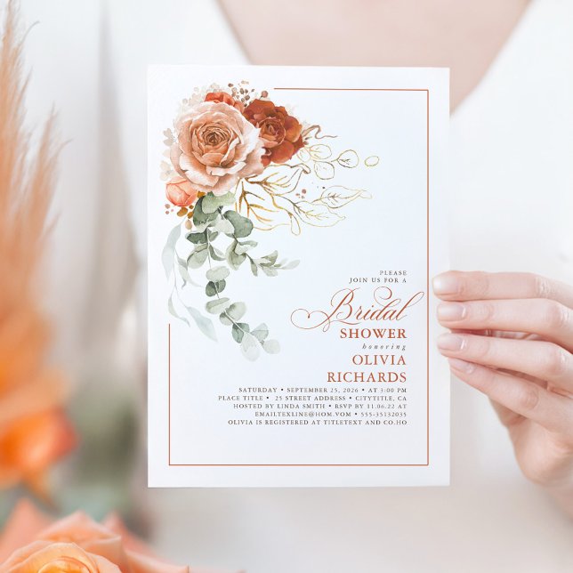Convite Terracotta Burnt Orange Eucalyptus Chá de panela (Terracotta Floral Bridal Shower Invitation)