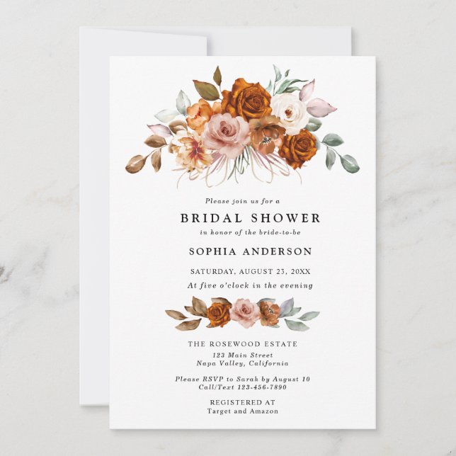 Convite Terracotta Burnt Orange Floral Bridal Shower (Frente)