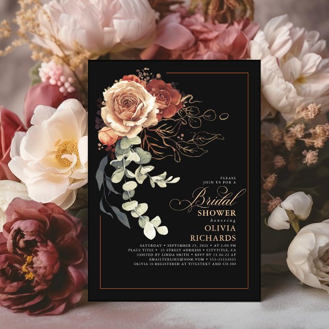 Convite Terracotta Burnt Orange Floral Chá de panela Preto (Black and Terracotta Floral Bridal Shower Invitations )