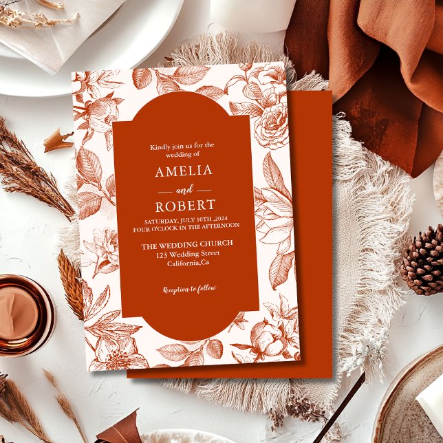 Convite Terracotta burnt orange floral Fall Wedding (Criador carregado)