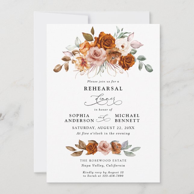 Convite Terracotta Burnt Orange Floral Rehearsal Dinner (Frente)