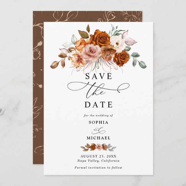 Convite Terracotta Burnt Orange Floral Save The Date  (Frente/Verso)