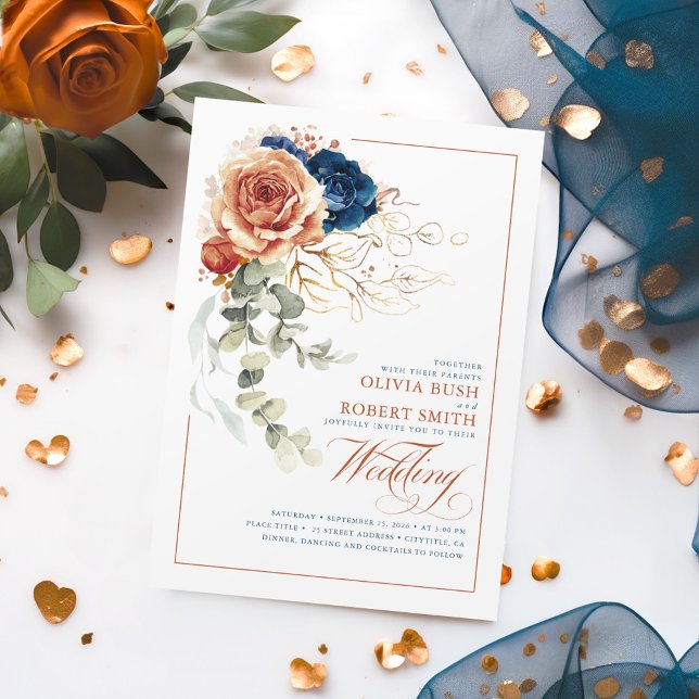 Convite Terracotta Burnt Orange Marinho Blue Floral Casame (Terracotta and Navy Blue Boho Wedding Invitations)