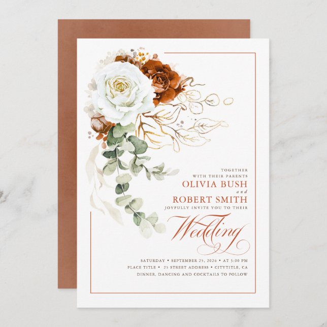 Convite Terracotta Burnt Orange & White Floral Weding (Frente/Verso)