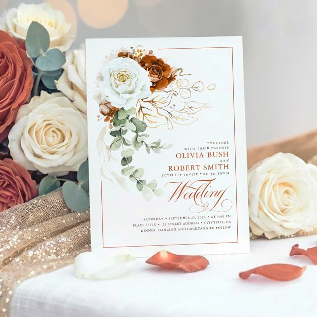 Convite Terracotta Burnt Orange & White Floral Weding (Terracotta and White Flowers Botanical Chic Wedding Invitations)