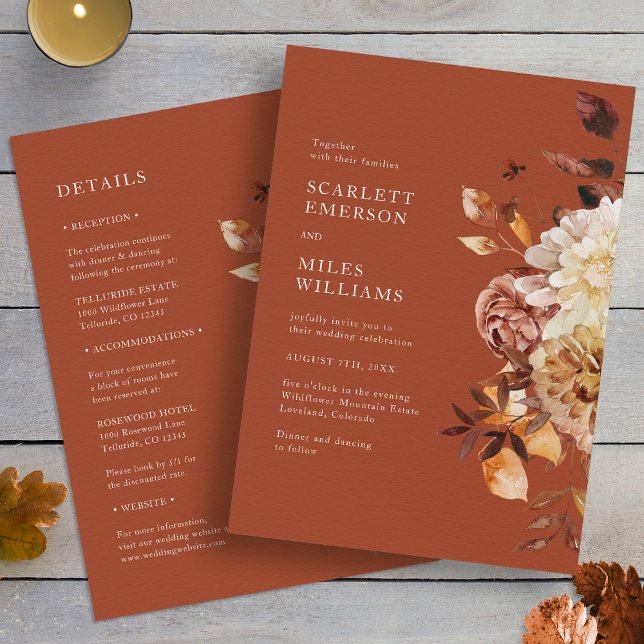 Convite Terracotta Cai Tudo Em Um Casamento (Rustic Terracotta Fall Floral All In One Wedding Invitation by Painted Paperie
)