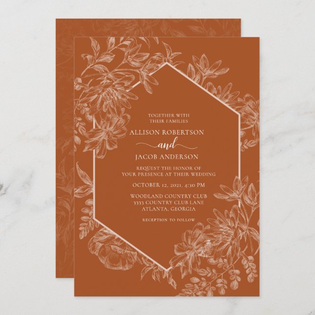 Convite Terracotta Casamento Geométrico Tudo Em Um (Frente/Verso)