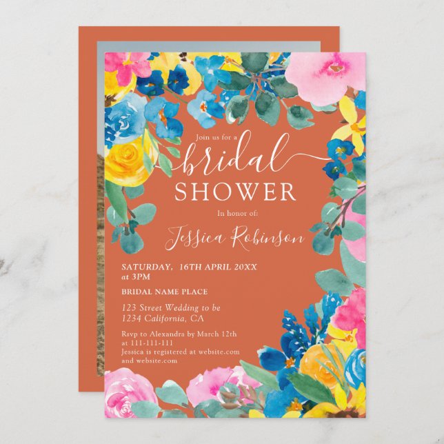 Convite Terracotta chá de panela de fotos florais de verão (Frente/Verso)