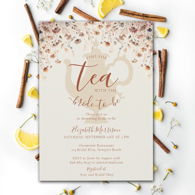 Convite Terracotta Chá de panela Tea Bride Flores Selvagen (terracotta floral bridal shower tea invitation modern elegant wildflowers meadow garden flowers time)