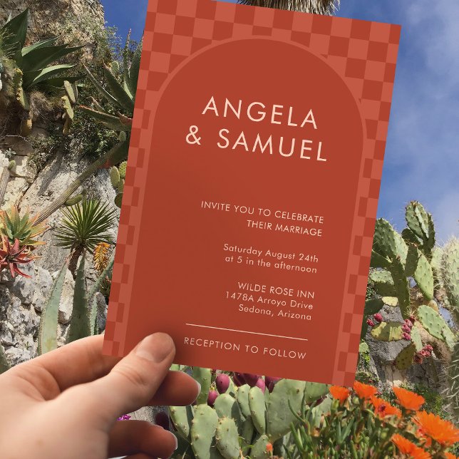 Convite Terracotta Checkered Modern Weding Invitation (Criador carregado)