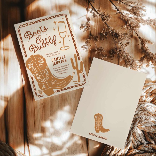 Convite Terracotta Country Chá de panela Brunch (Western Boots and Bubbly Bridal Shower Invite)