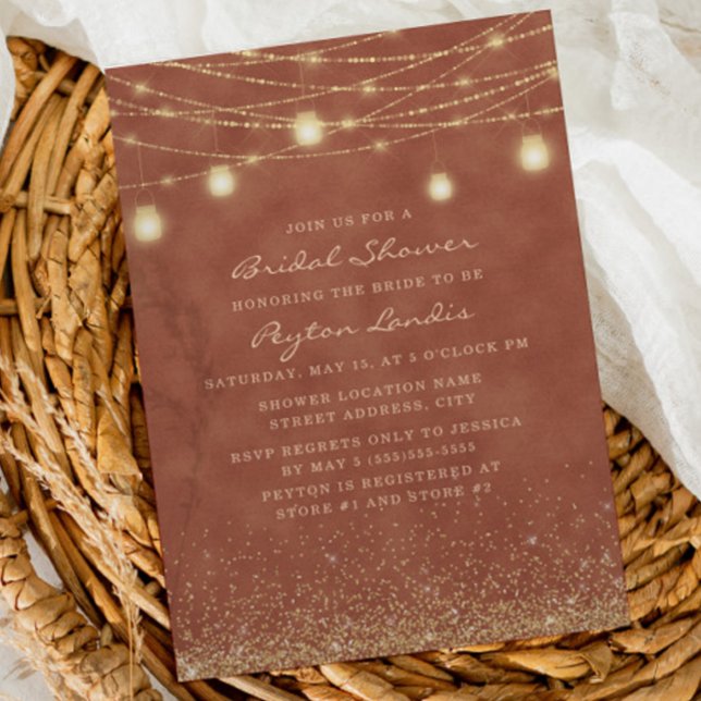 Convite Terracotta Dourada Glitter String Light Chá de pan (Criador carregado)