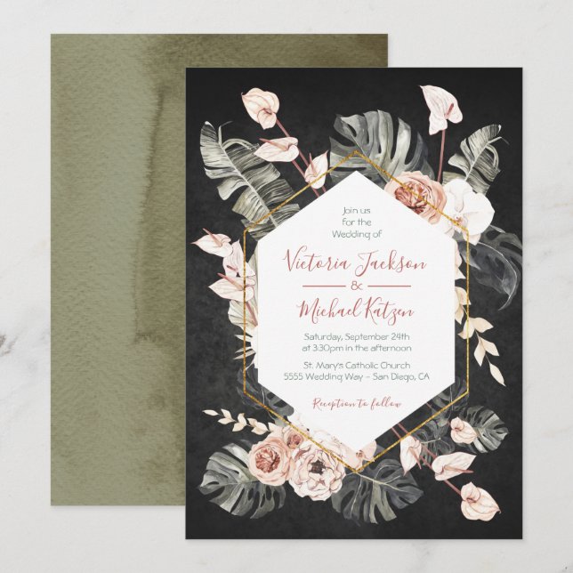 Convite Terracotta e Casamento de Folhagem Tropical Verde (Frente/Verso)