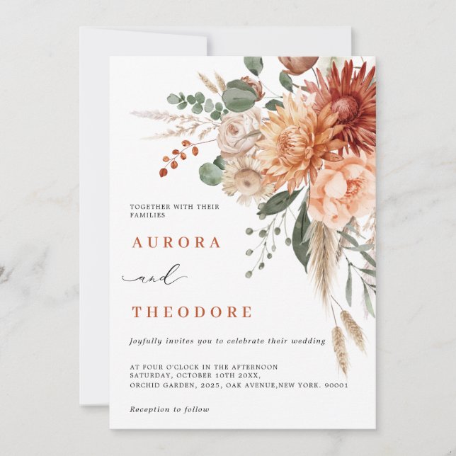 Convite Terracotta e Emerald Green Casamento Floral (Frente)