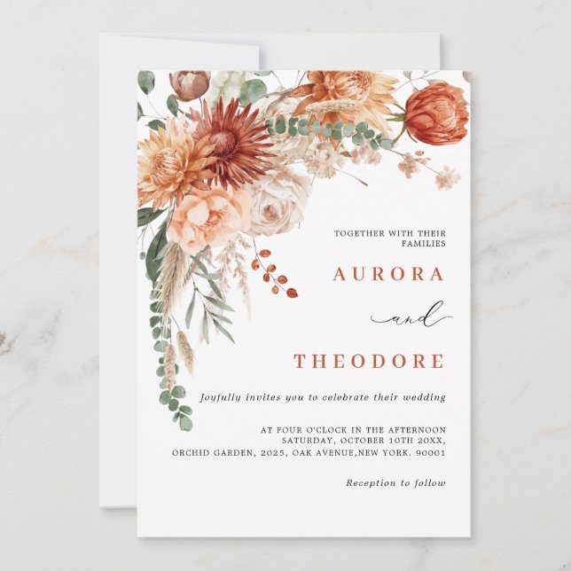 Convite Terracotta e Emerald Green Casamento Floral (Frente)