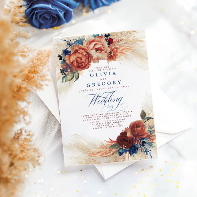 Convite Terracotta e Marinho Blue Floral Elegante Casament (Boho Navy Blue and Terracotta Wedding Invitations)